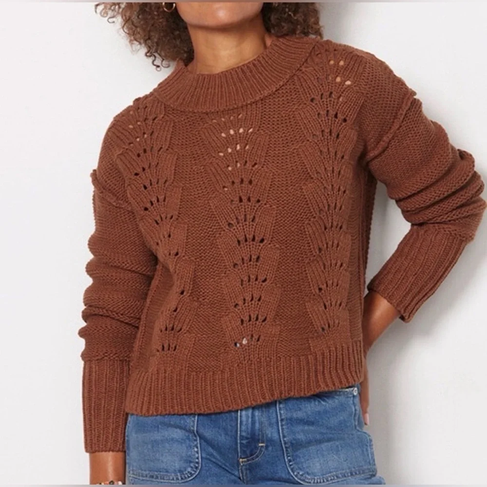 Free People Bell Song‎ Crewneck Chunky Knit Sweater Brown Cotton Blend Medium